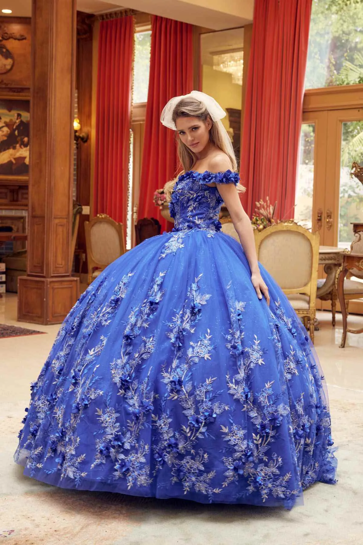 Juliet 1447 Long 3D Floral Appliques Off Shoulder Poofy Ball Gown
