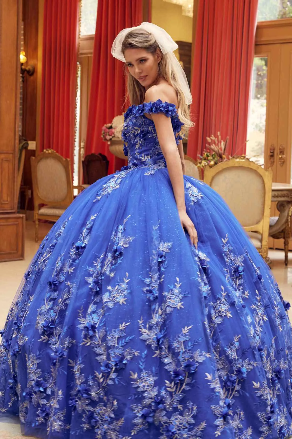 Juliet 1447 Long 3D Floral Appliques Off Shoulder Poofy Ball Gown