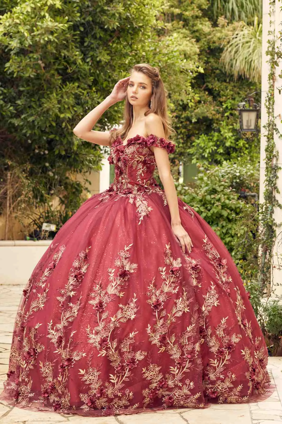 Juliet 1447 Long 3D Floral Appliques Off Shoulder Poofy Ball Gown