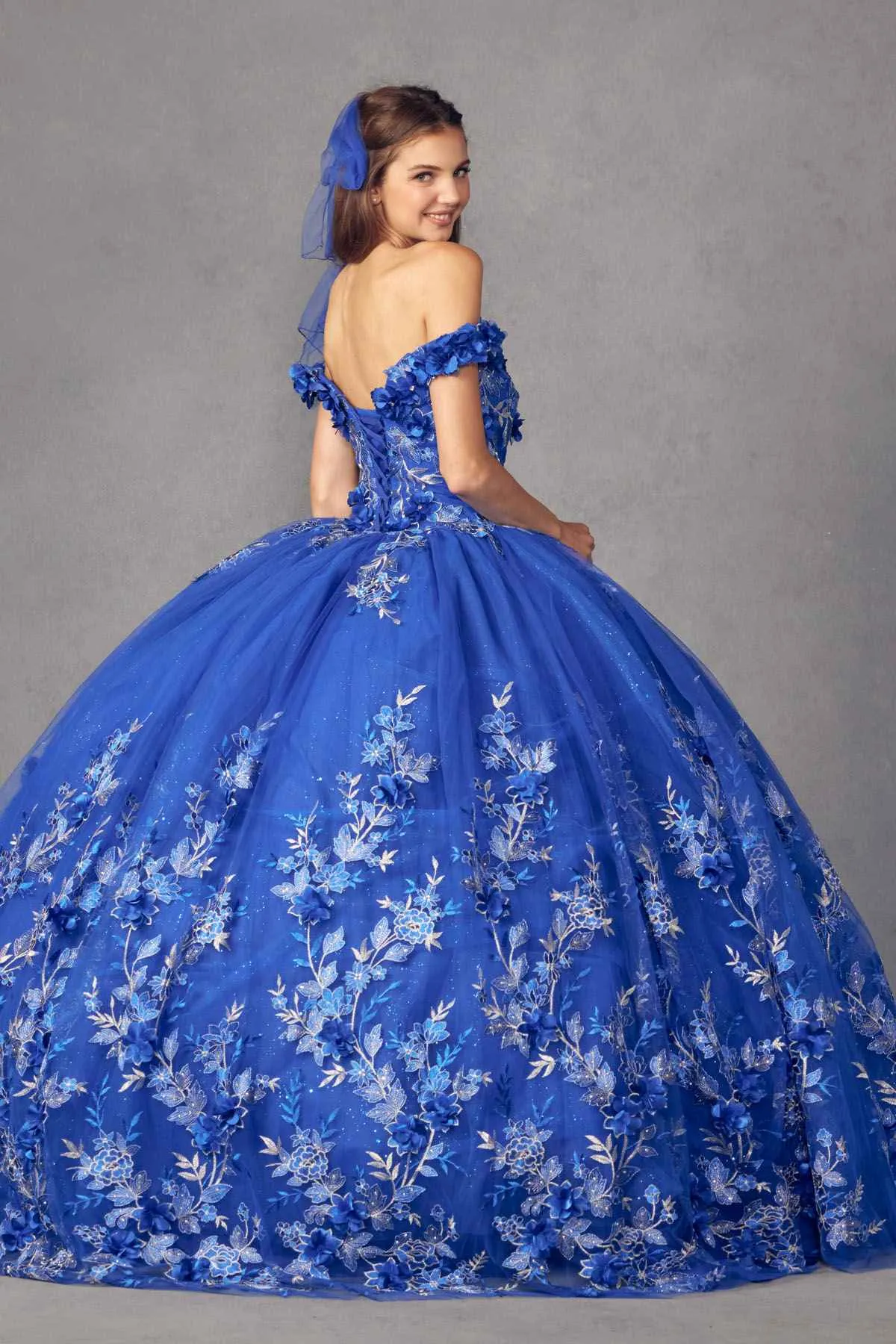 Juliet 1447 Long 3D Floral Appliques Off Shoulder Poofy Ball Gown