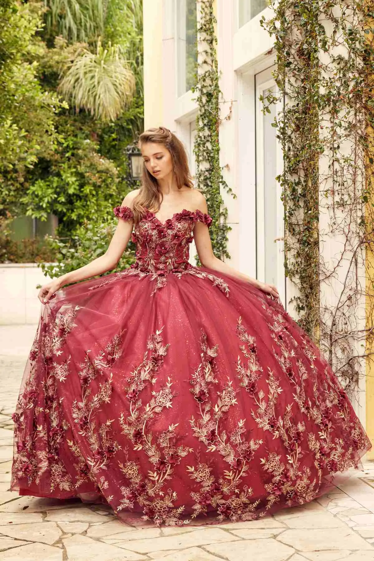 Juliet 1447 Long 3D Floral Appliques Off Shoulder Poofy Ball Gown