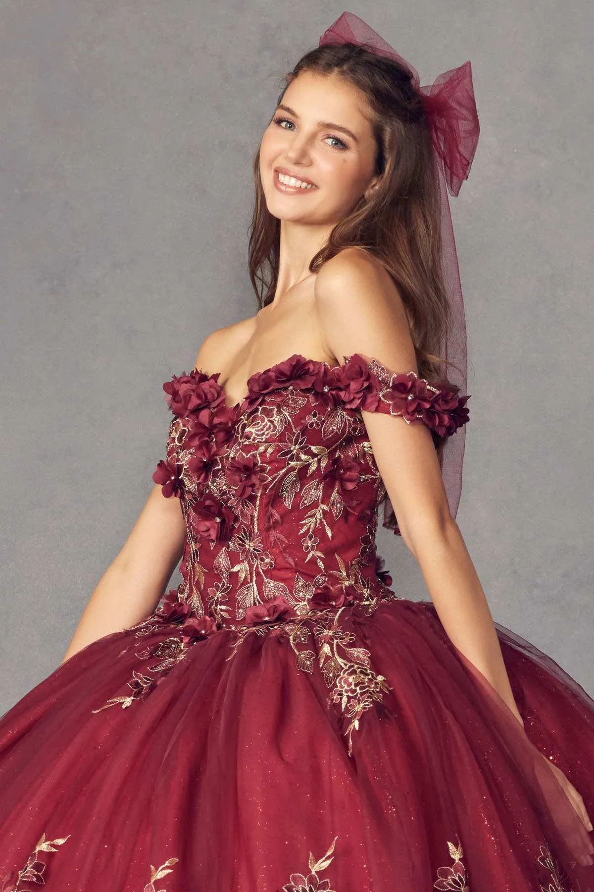 Juliet 1447 Long 3D Floral Appliques Off Shoulder Poofy Ball Gown