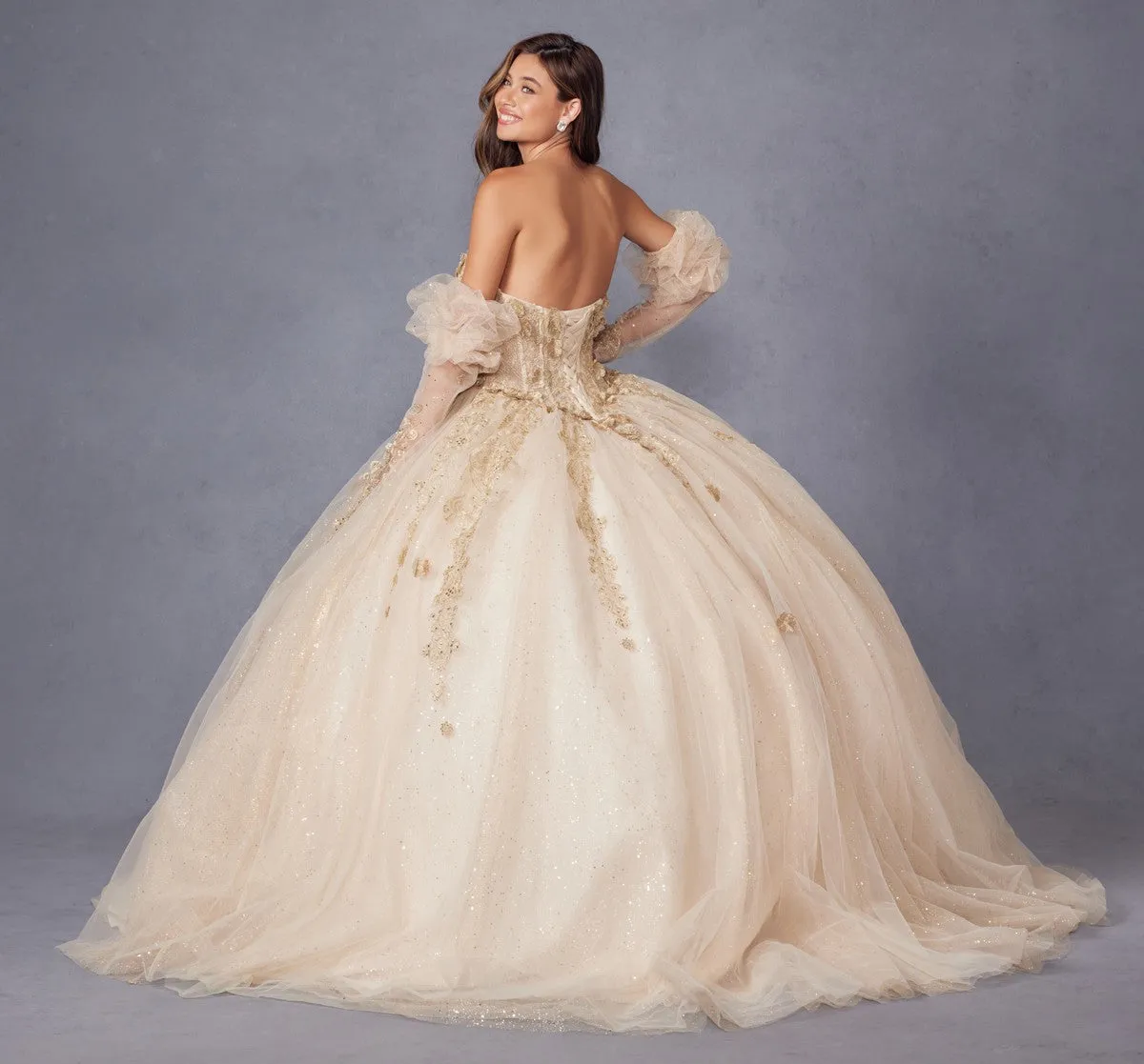 Juliet JT1465H Dress 3d Flowers Applique Puff Sleeve Quinceanera Dress