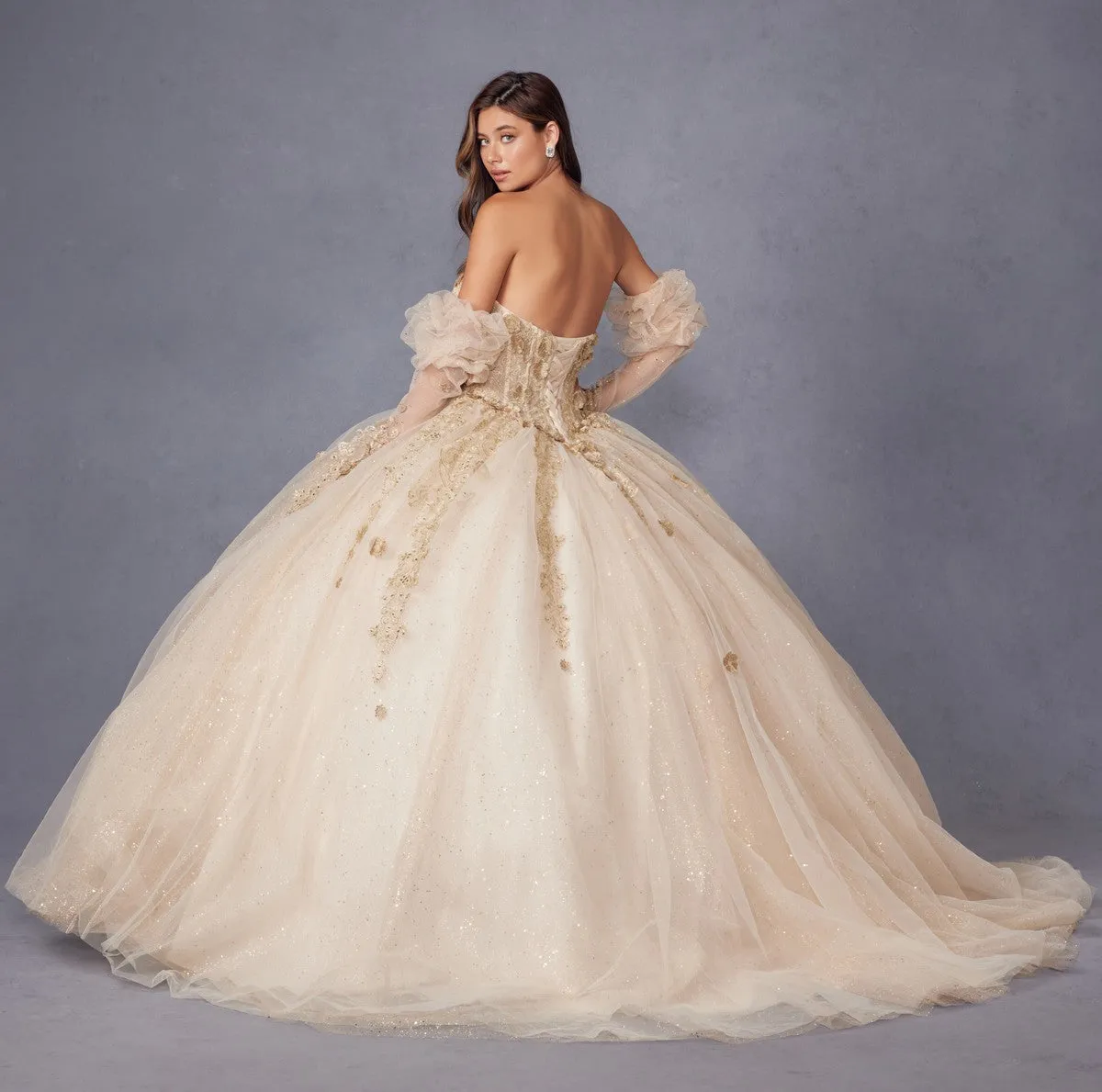 Juliet JT1465H Dress 3d Flowers Applique Puff Sleeve Quinceanera Dress