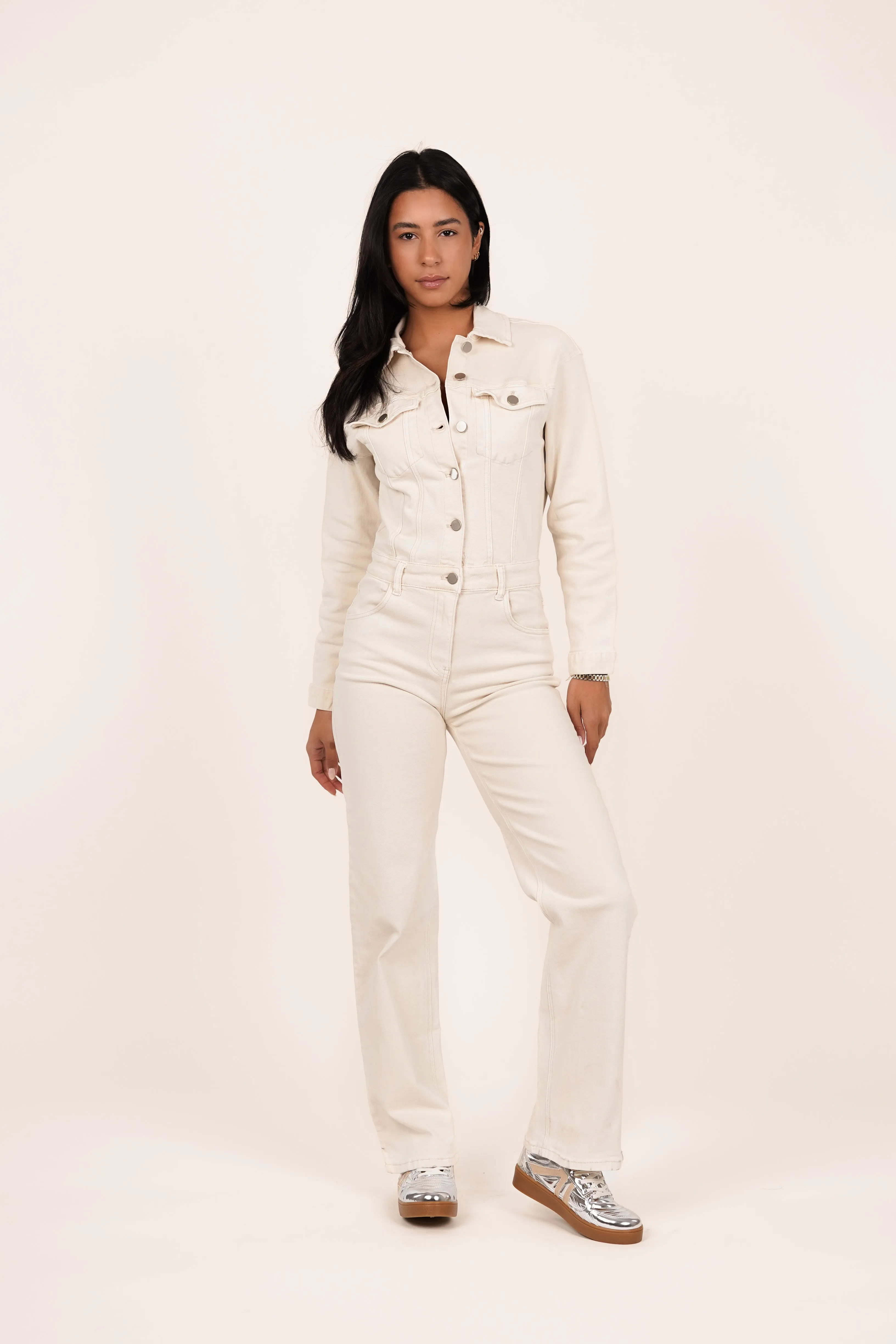 Jumpsuit denim met straight leg beige - Jenna