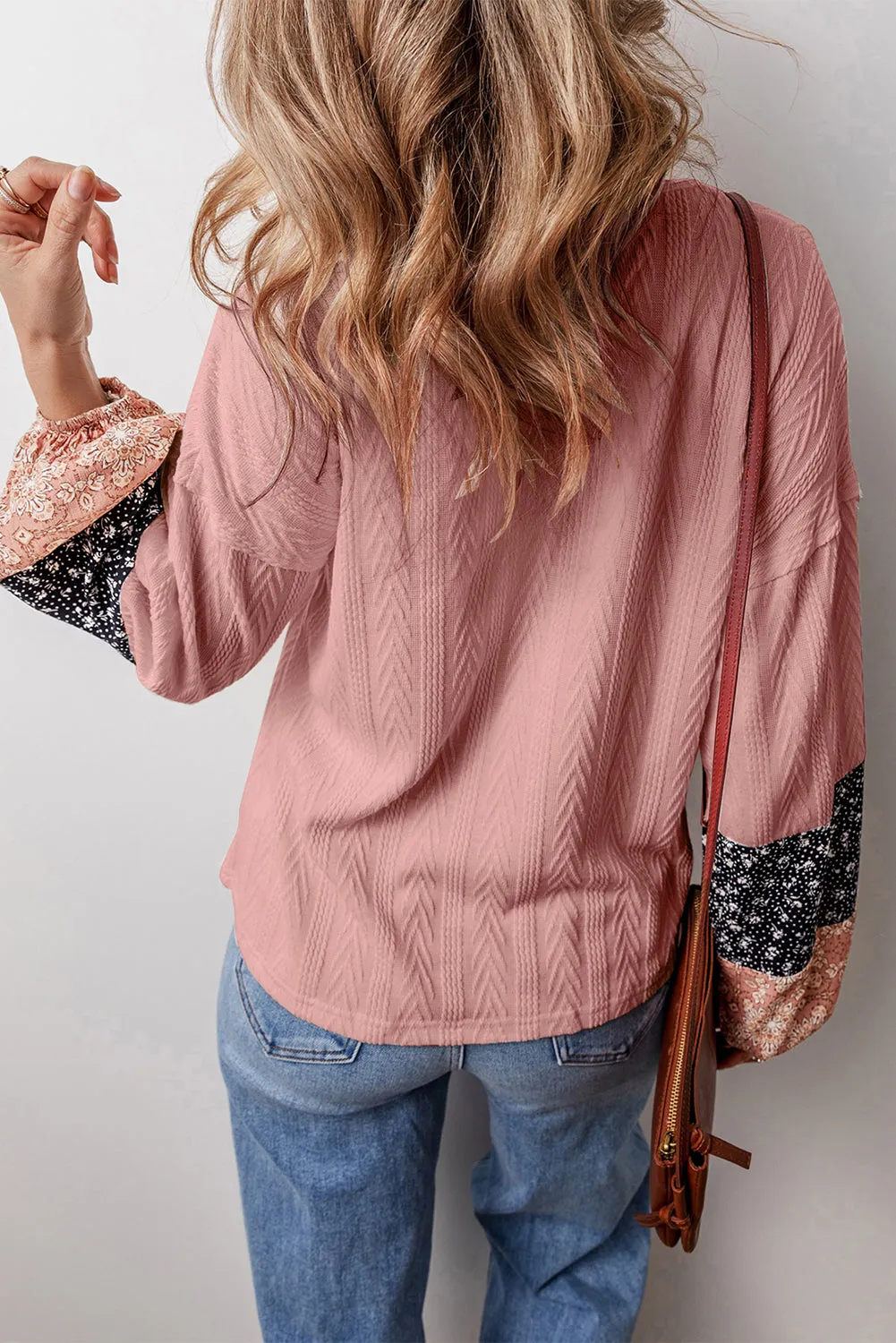 KaleaBoutique Floral Patchwork Textured Knit Drawstring V Neck Blouse