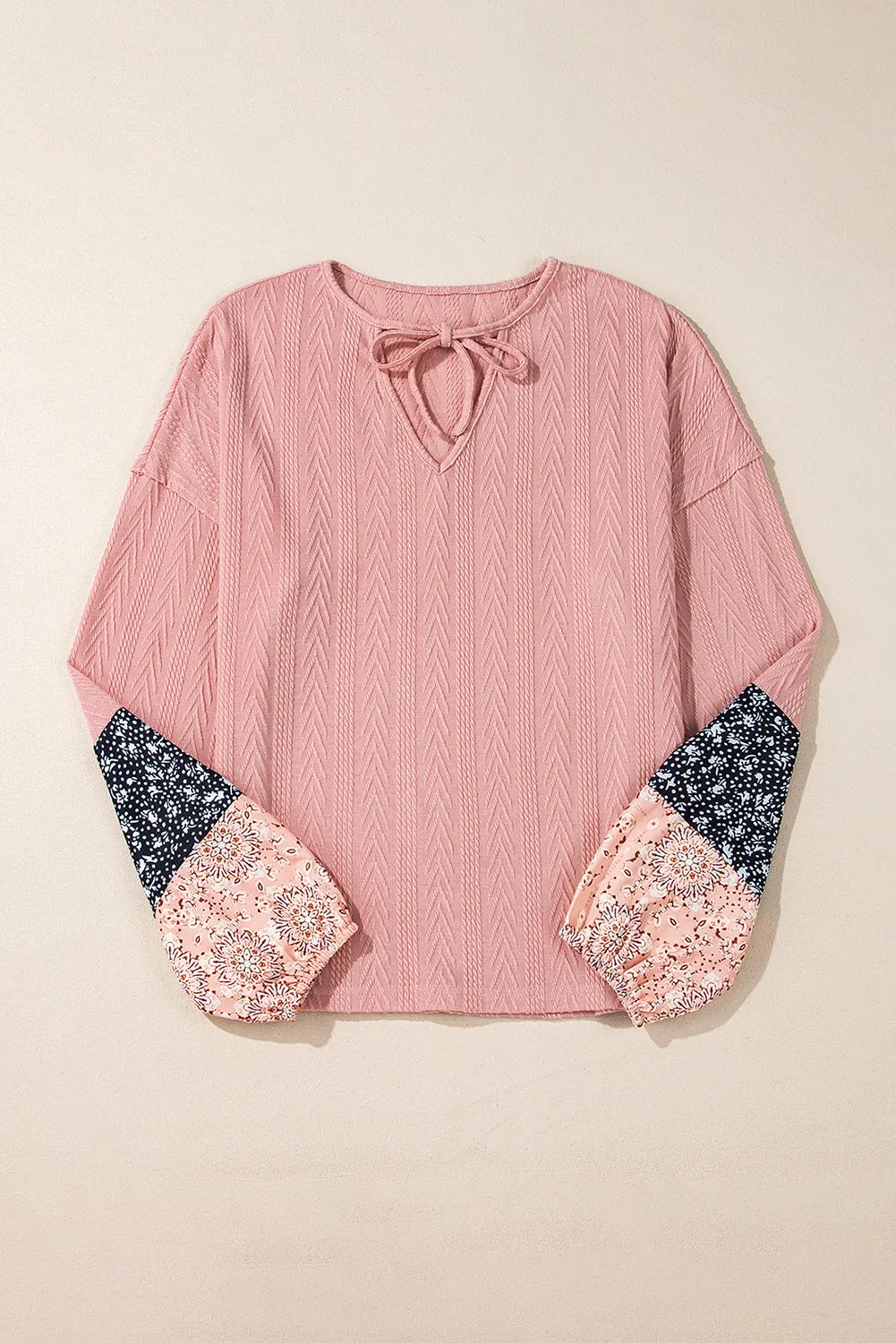 KaleaBoutique Floral Patchwork Textured Knit Drawstring V Neck Blouse