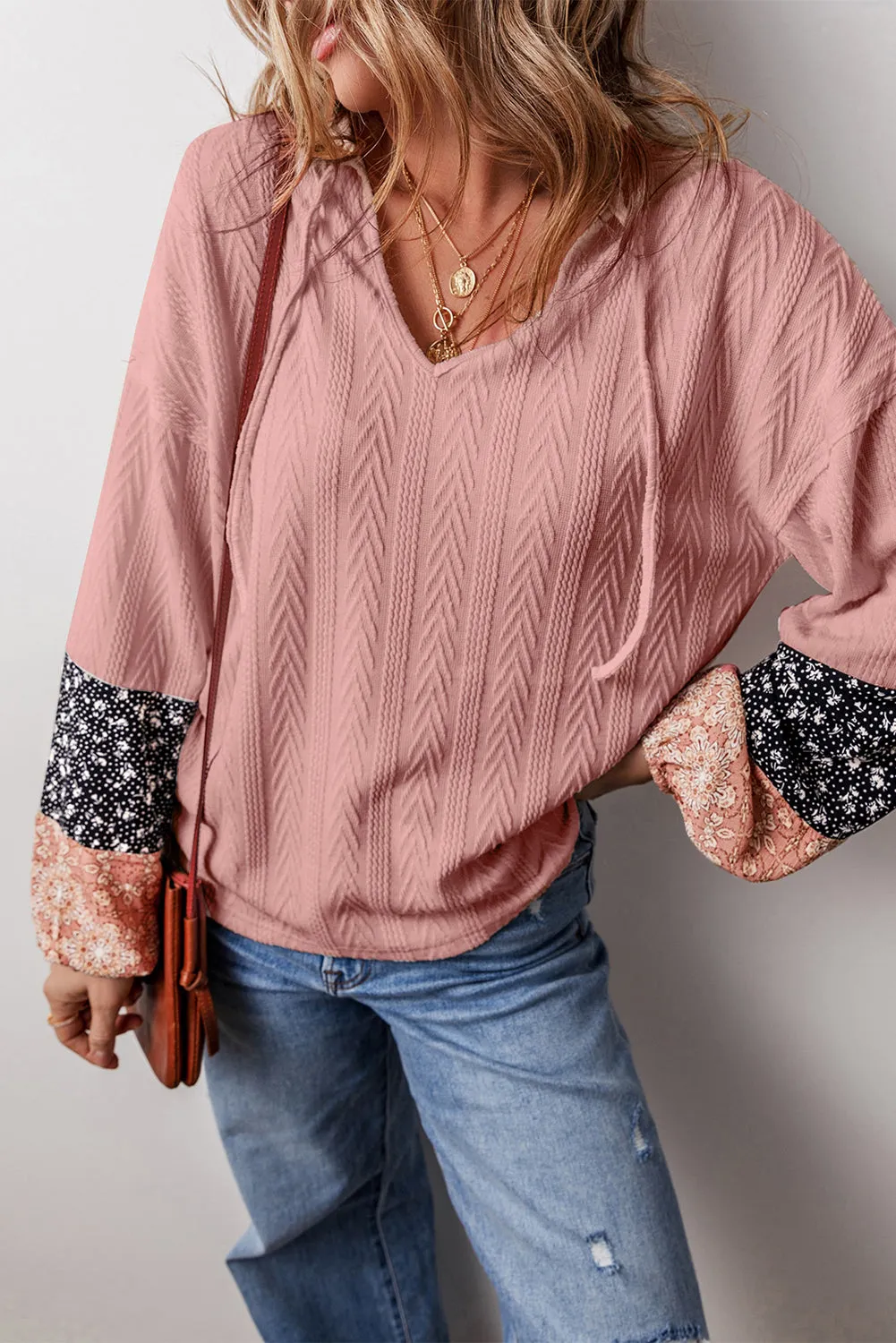 KaleaBoutique Floral Patchwork Textured Knit Drawstring V Neck Blouse