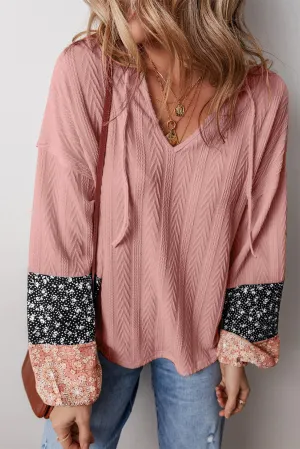 KaleaBoutique Floral Patchwork Textured Knit Drawstring V Neck Blouse