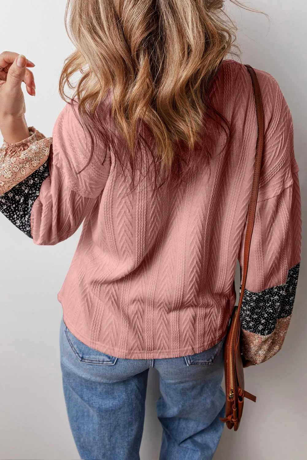 KaleaBoutique Floral Patchwork Textured Knit Drawstring V Neck Blouse