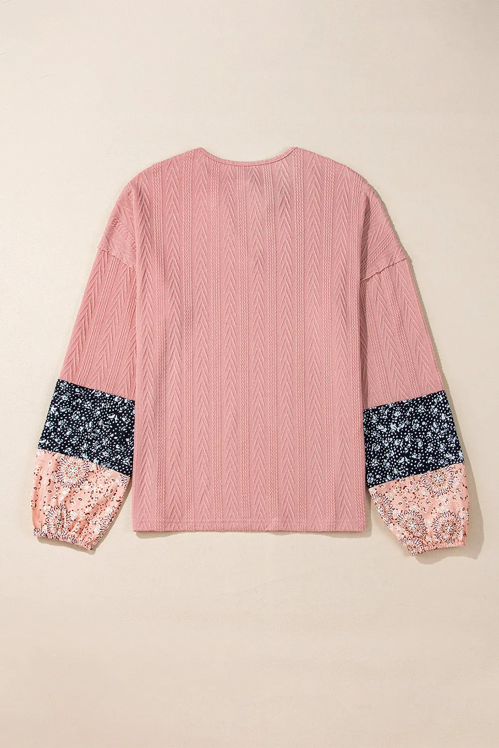 KaleaBoutique Floral Patchwork Textured Knit Drawstring V Neck Blouse