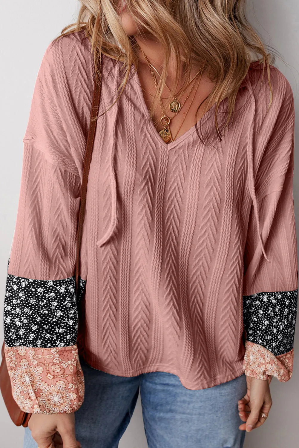 KaleaBoutique Floral Patchwork Textured Knit Drawstring V Neck Blouse
