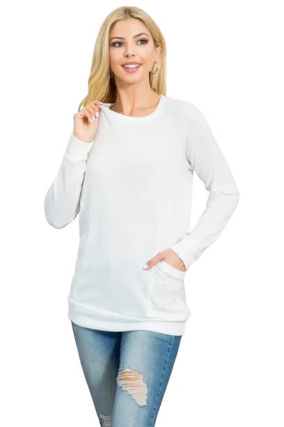 Knit Front Pocket Long Sleeve Top Off White - Pack of 4