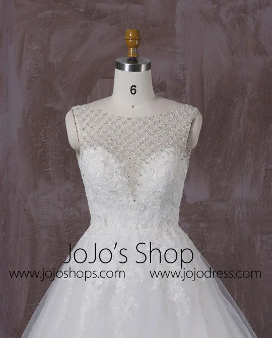 Lace Ball Gown Wedding Dress with Jeweled Neckline | QT85280