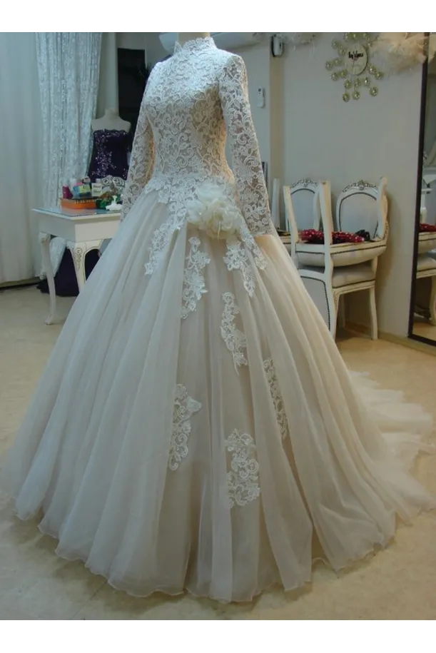 Lace High Neck Muslim Wedding Dresses Long Sleeves