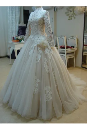 Lace High Neck Muslim Wedding Dresses Long Sleeves
