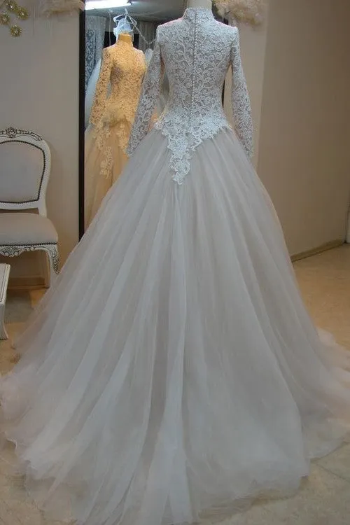 Lace High Neck Muslim Wedding Dresses Long Sleeves