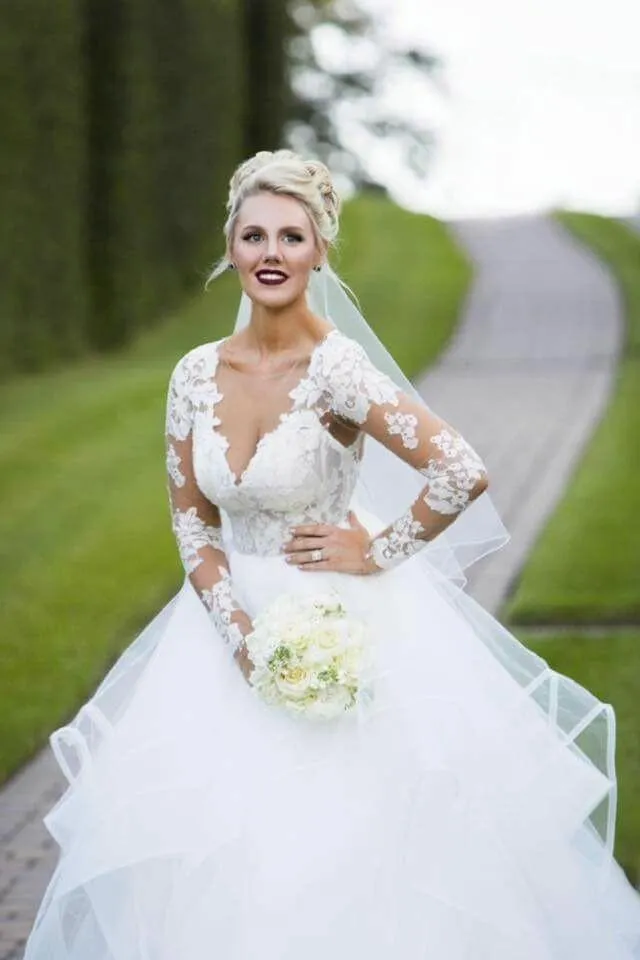 Lace Long Sleeves Bridal Gown with Ruffles Tulle Skirt