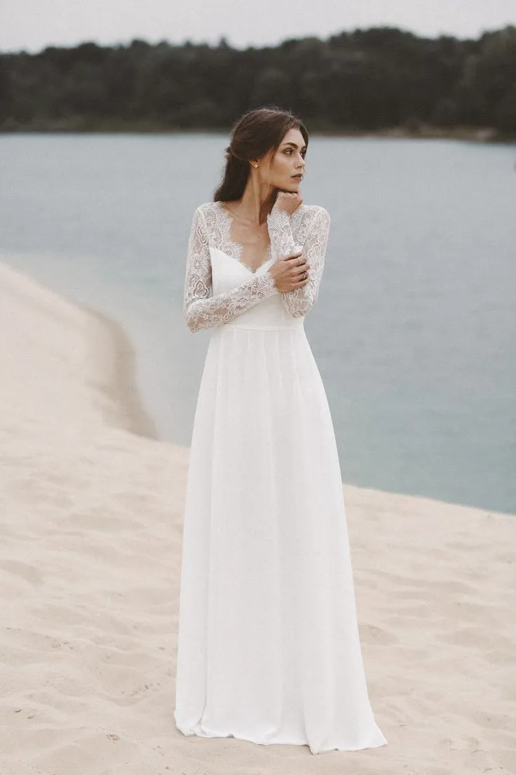 Lace Long Sleeves Summer Wedding Gown with V-neckline