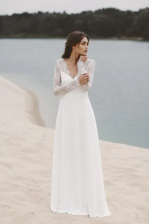 Lace Long Sleeves Summer Wedding Gown with V-neckline