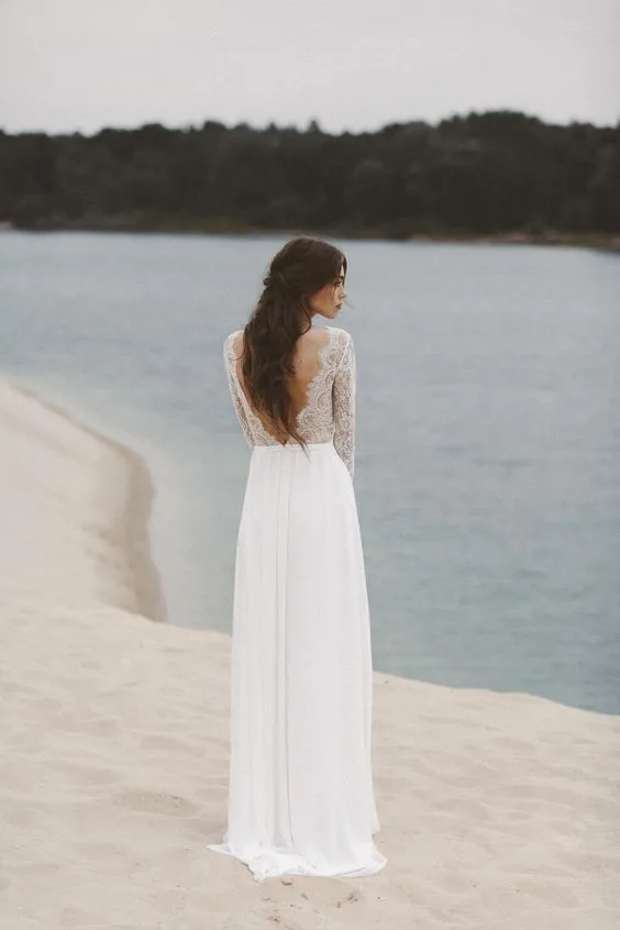 Lace Long Sleeves Summer Wedding Gown with V-neckline