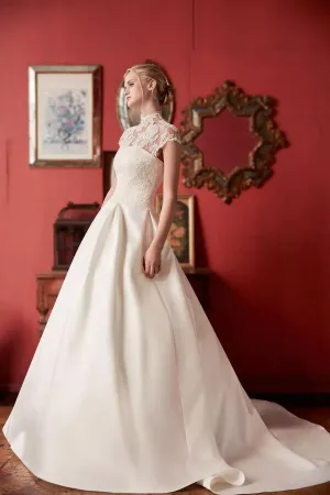 Lace Satin Vintage Bride Dresses with High Neck