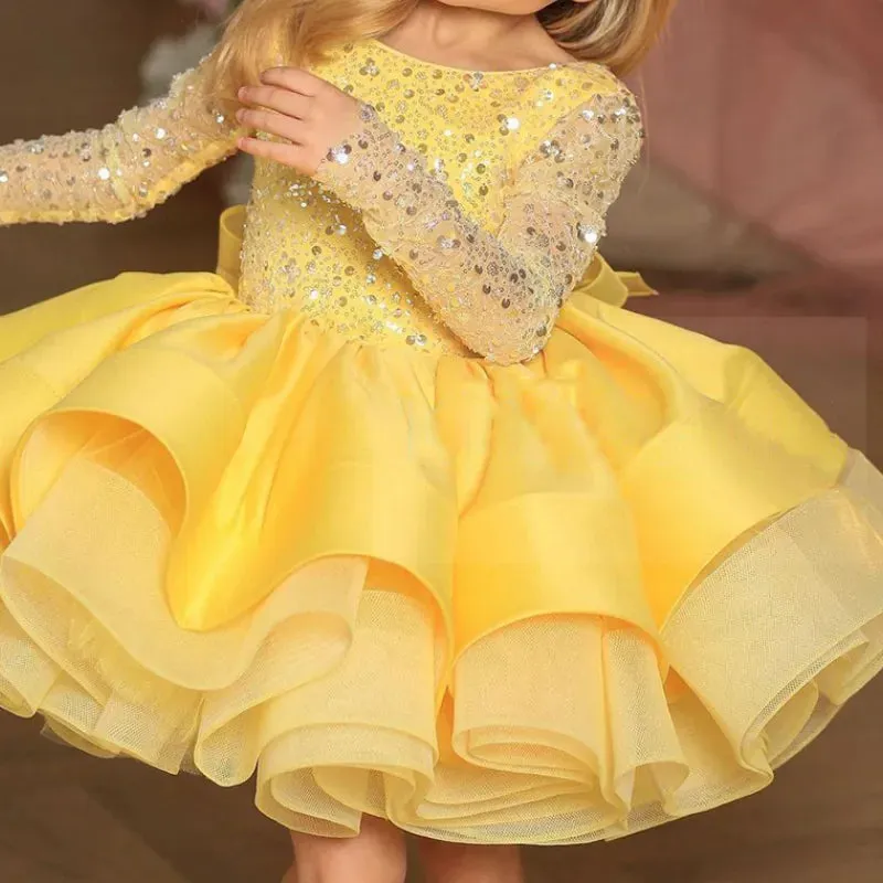 Lace Sequin Ruched Design Girls Birthday Gowns V-back Bow Ball Gown Flower Girl Dress Backless Elegant Junior Bridesmaid Dresses