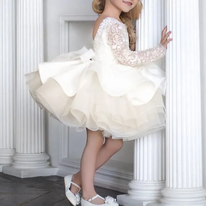 Lace Sequin Ruched Design Girls Birthday Gowns V-back Bow Ball Gown Flower Girl Dress Backless Elegant Junior Bridesmaid Dresses