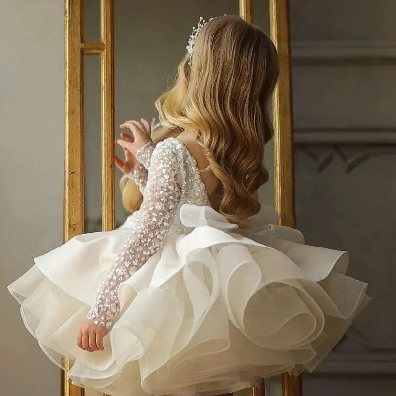 Lace Sequin Ruched Design Girls Birthday Gowns V-back Bow Ball Gown Flower Girl Dress Backless Elegant Junior Bridesmaid Dresses