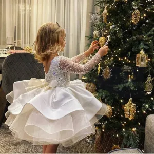 Lace Sequin Ruched Design Girls Birthday Gowns V-back Bow Ball Gown Flower Girl Dress Backless Elegant Junior Bridesmaid Dresses