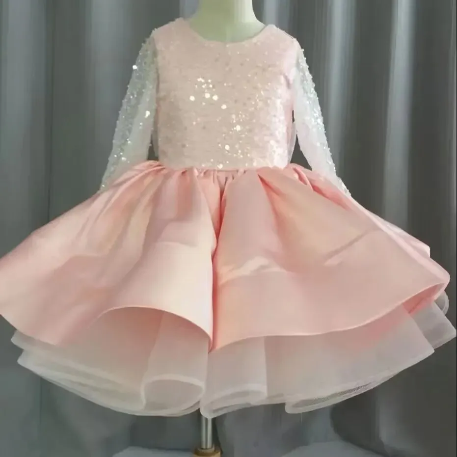 Lace Sequin Ruched Design Girls Birthday Gowns V-back Bow Ball Gown Flower Girl Dress Backless Elegant Junior Bridesmaid Dresses