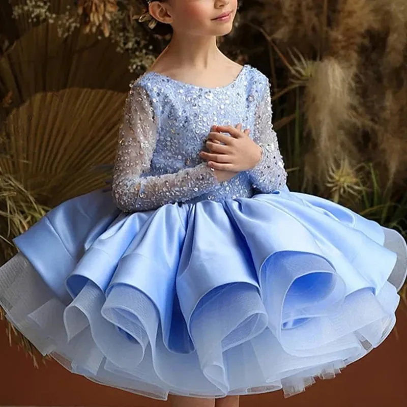Lace Sequin Ruched Design Girls Birthday Gowns V-back Bow Ball Gown Flower Girl Dress Backless Elegant Junior Bridesmaid Dresses