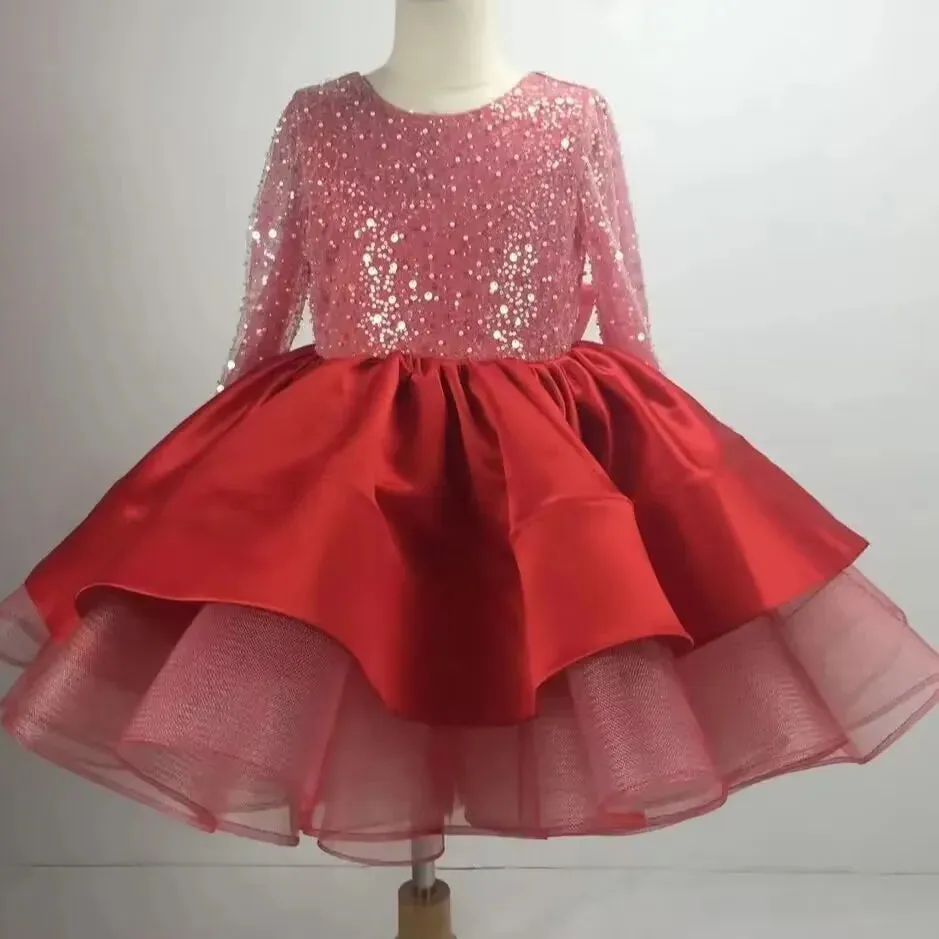 Lace Sequin Ruched Design Girls Birthday Gowns V-back Bow Ball Gown Flower Girl Dress Backless Elegant Junior Bridesmaid Dresses