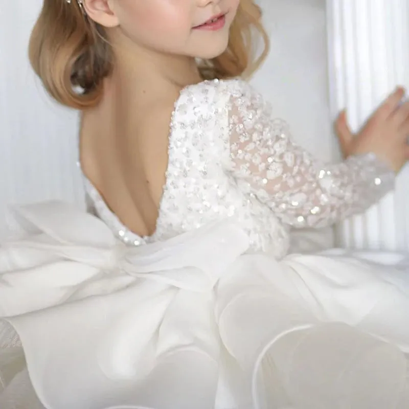 Lace Sequin Ruched Design Girls Birthday Gowns V-back Bow Ball Gown Flower Girl Dress Backless Elegant Junior Bridesmaid Dresses