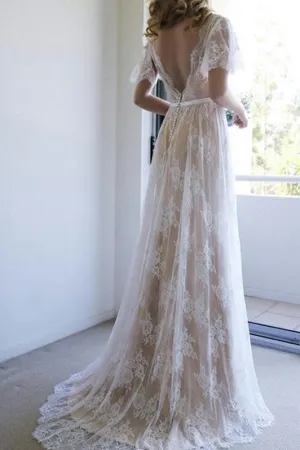 Lace Sleeves Boho Bridal Dresses with V-neckline