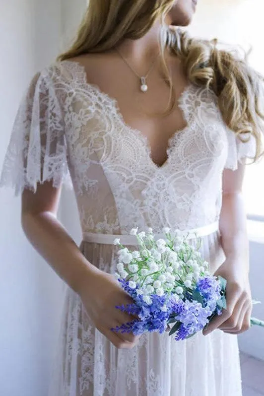 Lace Sleeves Boho Bridal Dresses with V-neckline