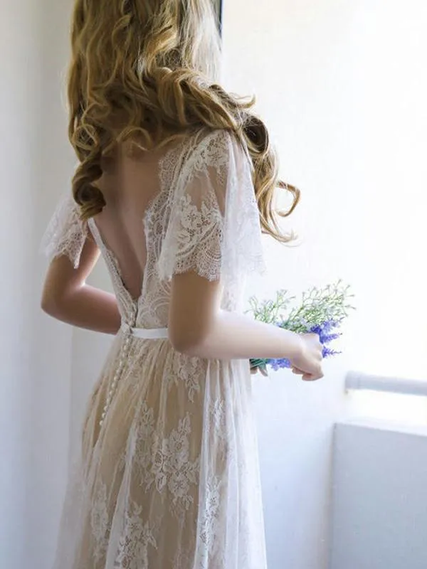 Lace Sleeves Boho Bridal Dresses with V-neckline