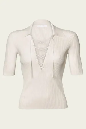 Lace Up Sweater Polo in Off White