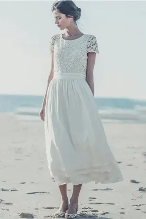 Lace&Chiffon Short Bridal Gown with Round Neck