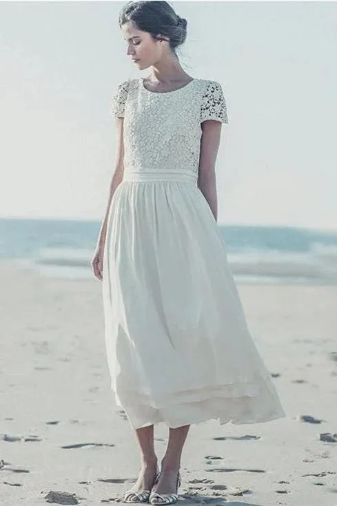 Lace&Chiffon Short Bridal Gown with Round Neck