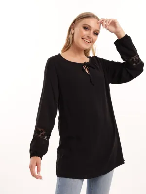 Ladies Pintuck Lace Inset Tunic Top - Black