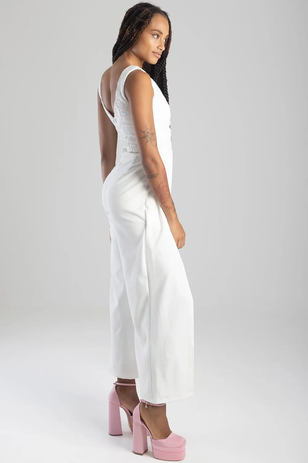 Ladies Sequin Wrap Top Heckers Jumpsuit - White