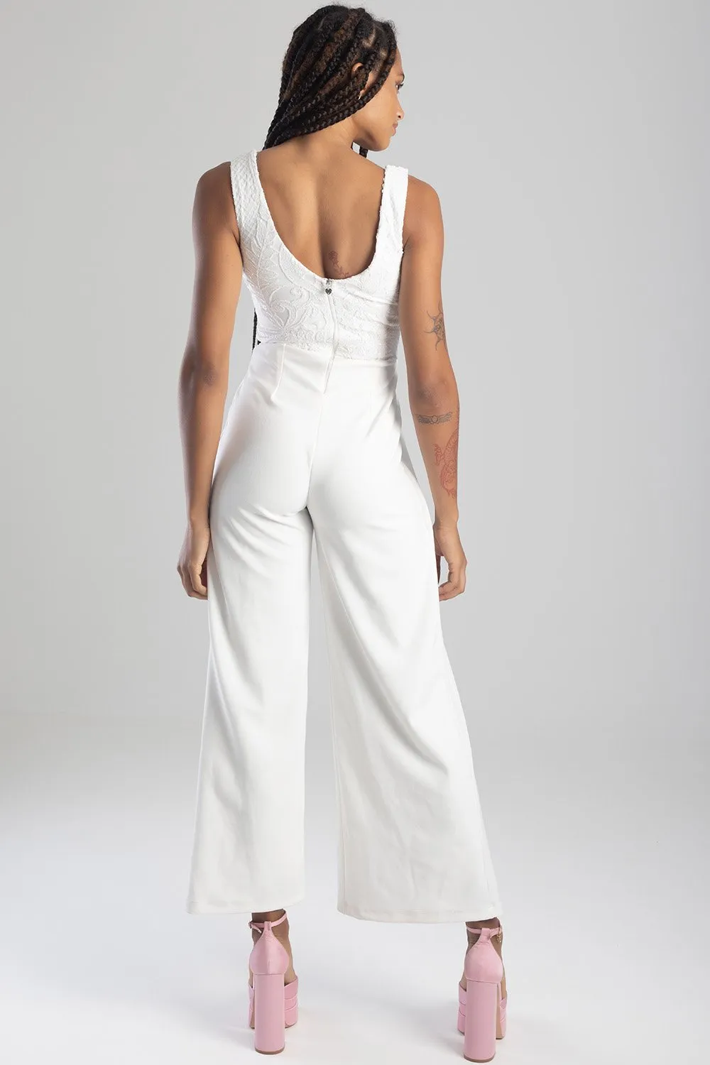 Ladies Sequin Wrap Top Heckers Jumpsuit - White