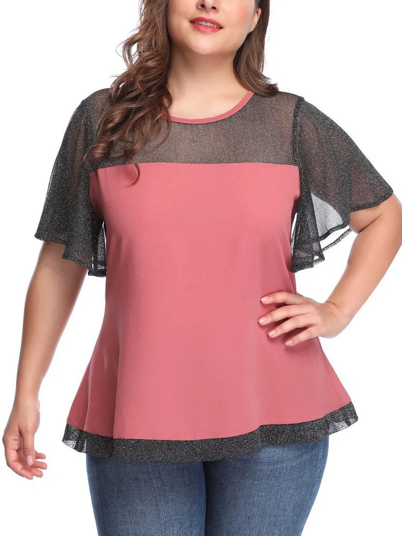 Large Size Women's Contrast Color Lace Stitching Top