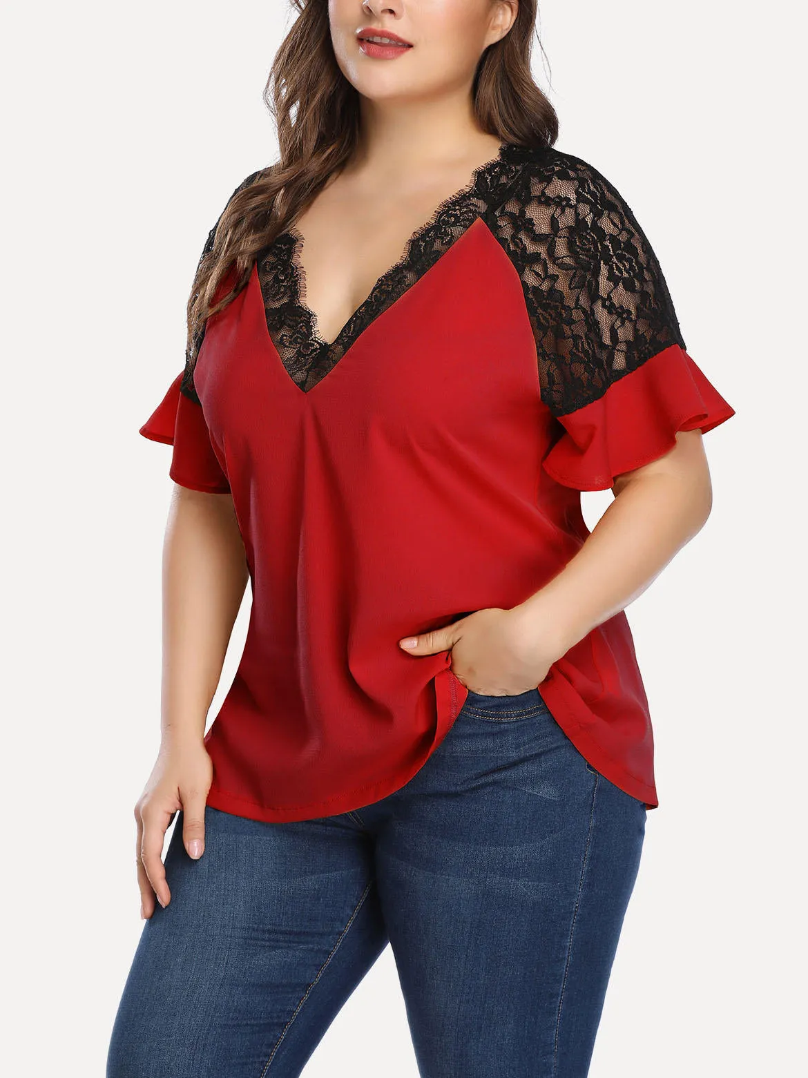 Large Size Women's Contrast Color Lace Stitching Top