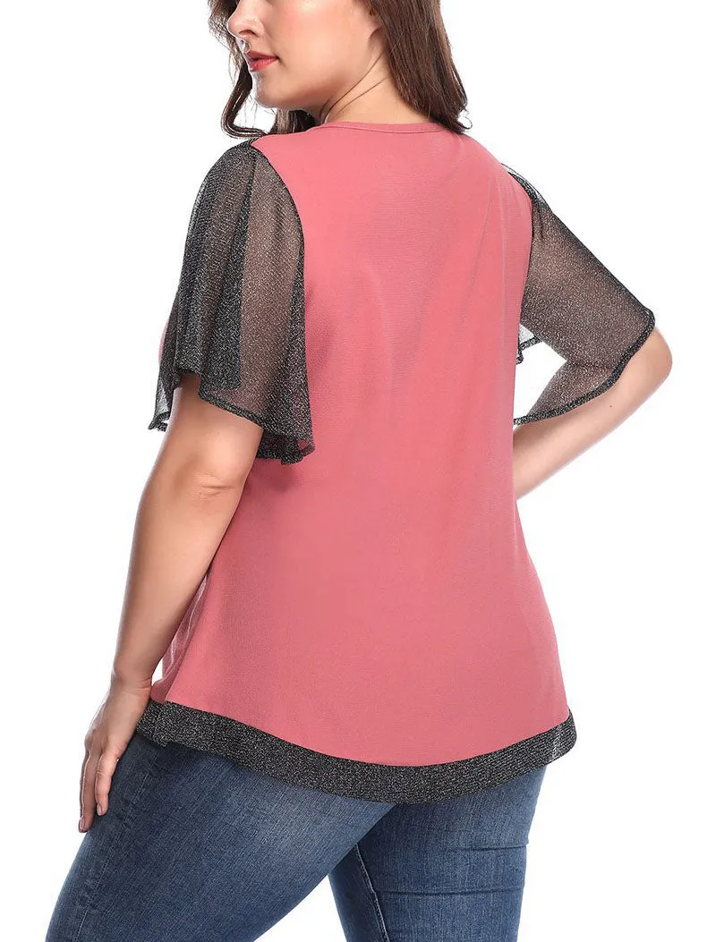 Large Size Women's Contrast Color Lace Stitching Top