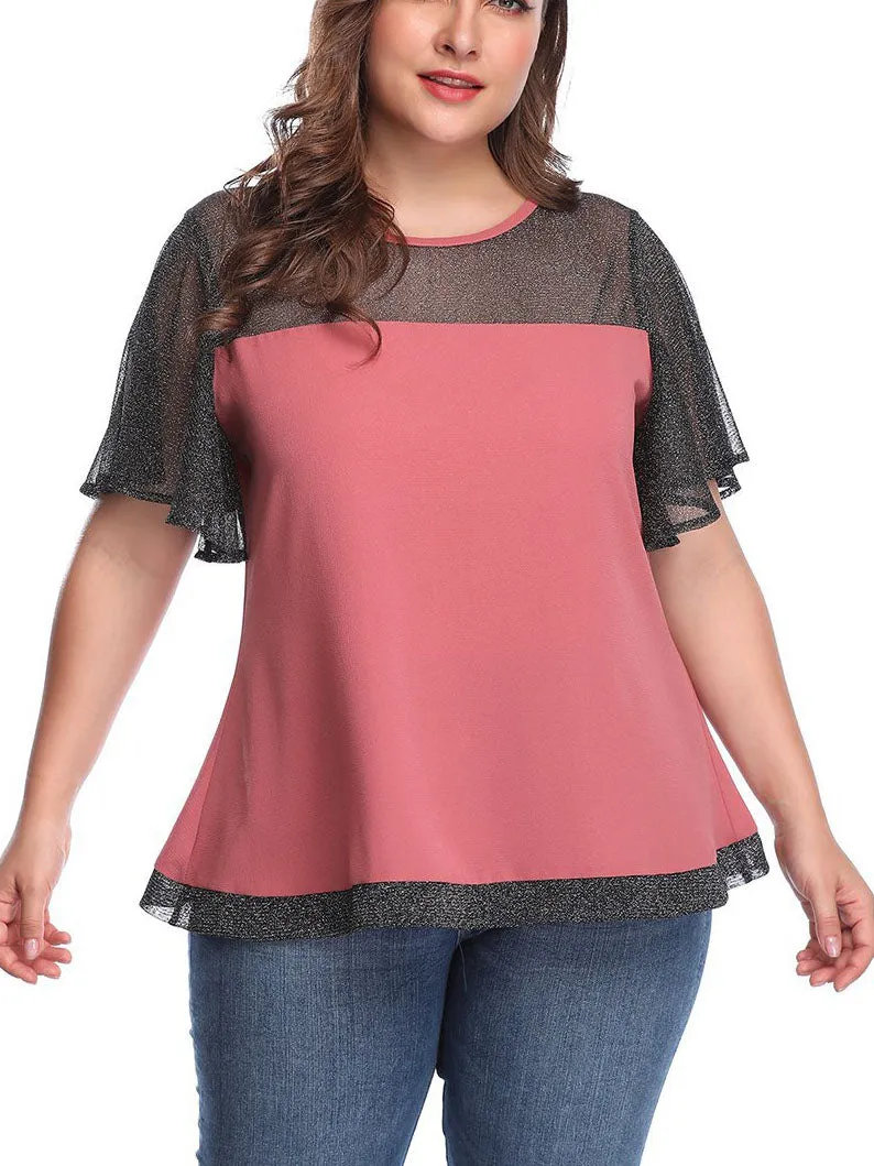 Large Size Women's Contrast Color Lace Stitching Top