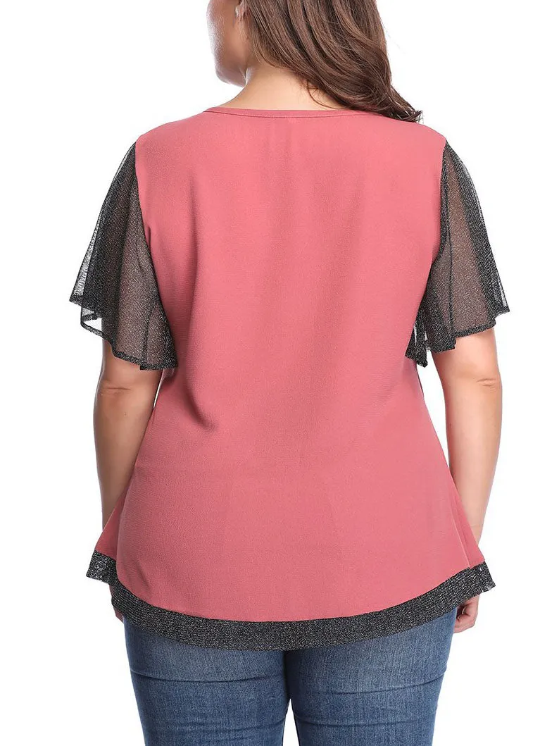 Large Size Women's Contrast Color Lace Stitching Top