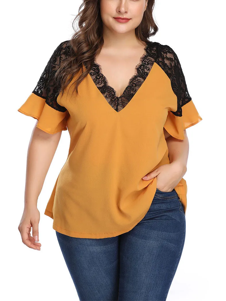 Large Size Women's Contrast Color Lace Stitching Top