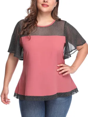 Large Size Women's Contrast Color Lace Stitching Top